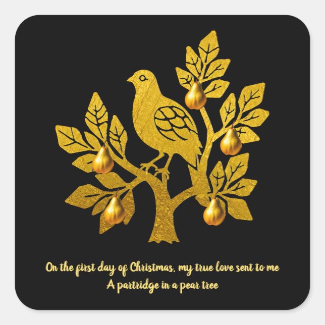 Partridge In A Pear Tree Black Golden Christmas Square Sticker (Front)