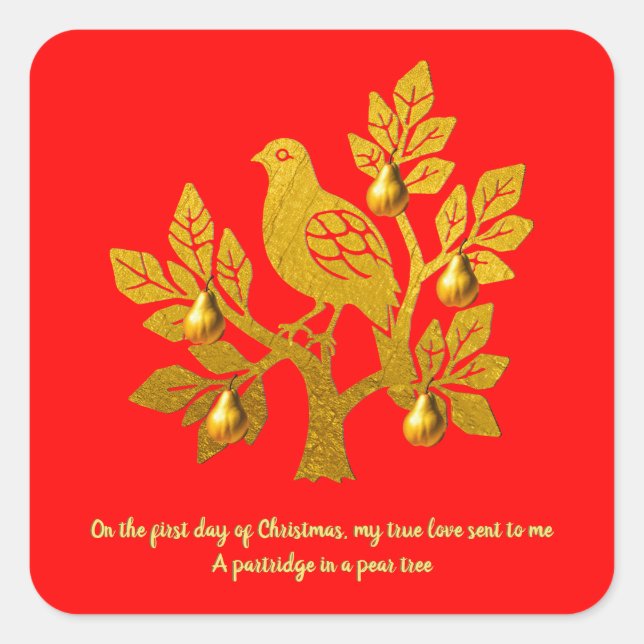 Partridge In A Pear Tree Bright Red Gold Christmas Square Sticker (Front)