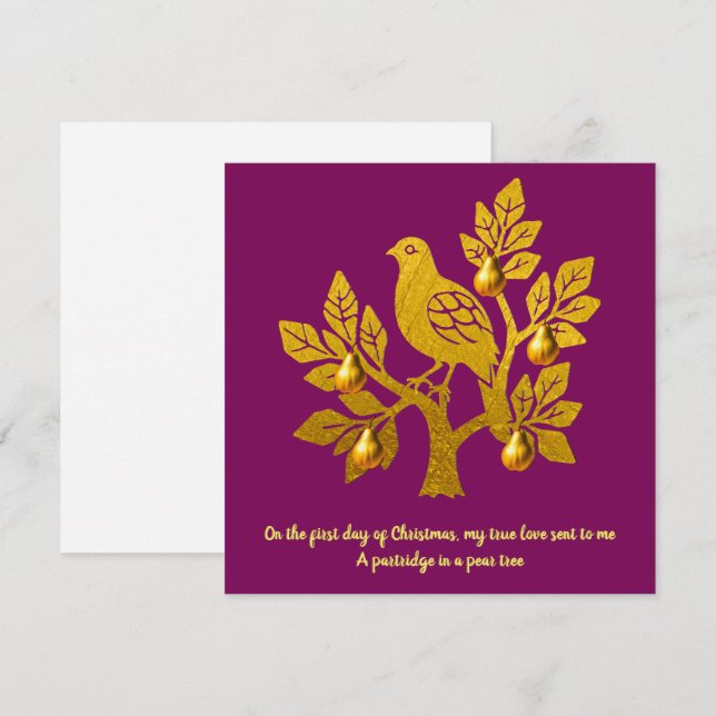 Partridge In A Pear Tree Burgundy Gold Christmas Holiday Card (Front/Back)