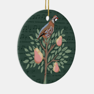 Partridge in a pear tree Christmas Carole on green Ceramic Tree Decoration