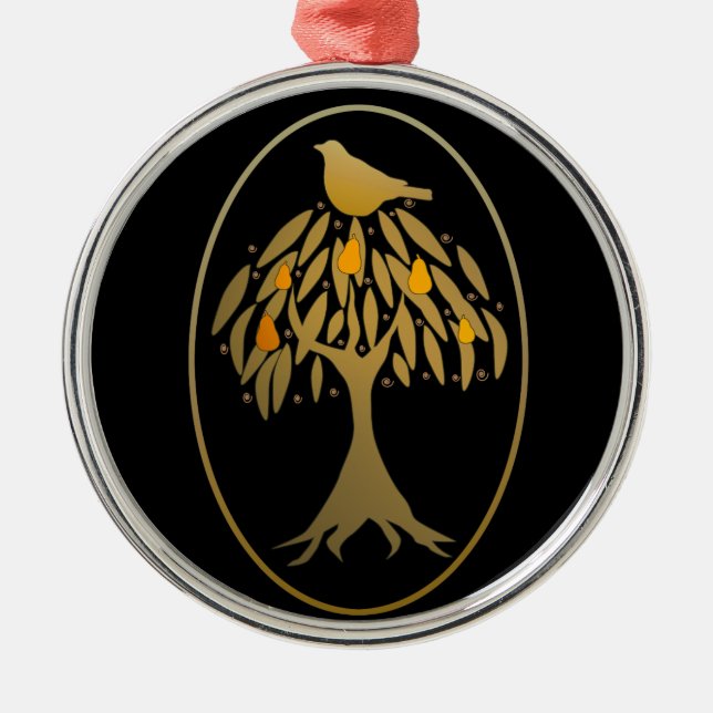Partridge in a Pear Tree Gold Metal Tree Decoration (Front)