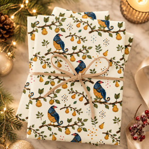 Partridge in a Pear Tree Hand-Drawn Bird Pattern Wrapping Paper Sheet