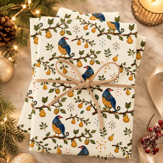Partridge in a Pear Tree Hand-Drawn Bird Pattern Wrapping Paper Sheet (Blue and gold partridges perch on pear tree branches on this hand-illustrated Christmas gift wrap.)