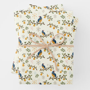 Partridge in a Pear Tree Hand-Drawn Bird Pattern Wrapping Paper Sheet