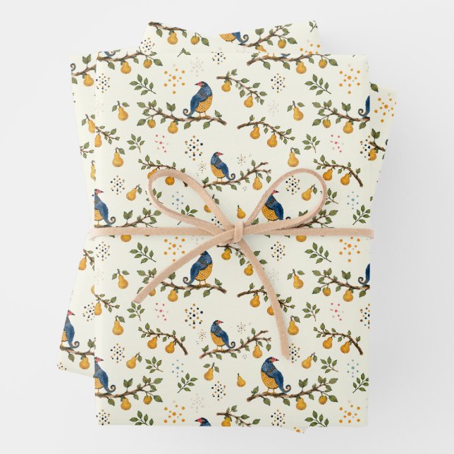 Partridge in a Pear Tree Hand-Drawn Bird Pattern Wrapping Paper Sheet (In situ)
