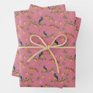 Partridge in a Pear Tree Hand-Drawn Birds Pink Wrapping Paper Sheet
