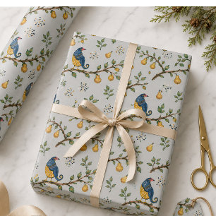 Partridge in a Pear Tree Hand-Drawn Blue Christmas Wrapping Paper Sheet
