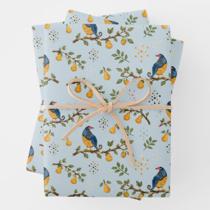 Partridge in a Pear Tree Hand-Illustrated Ice Blue Wrapping Paper Sheet