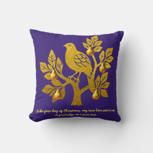 Partridge In A Pear Tree Purple Gold Christmas Cushion