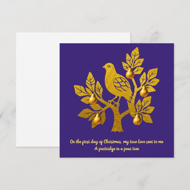 Partridge In A Pear Tree Purple Gold Christmas Holiday Card (Front/Back)