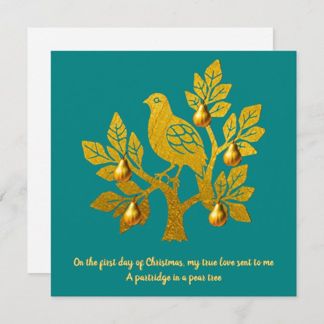 Partridge In A Pear Tree Teal Gold Christmas Holiday Card (Front/Back)