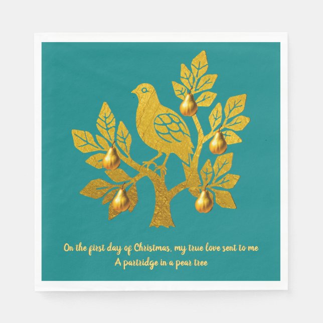 Partridge In A Pear Tree Teal Gold Christmas Napkin (Front)