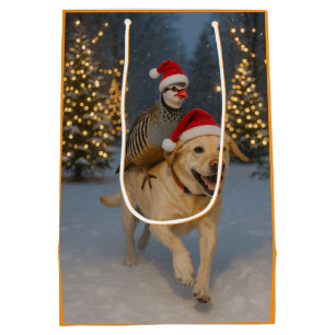 Partridge riding yellow labrador Christmas card Medium Gift Bag