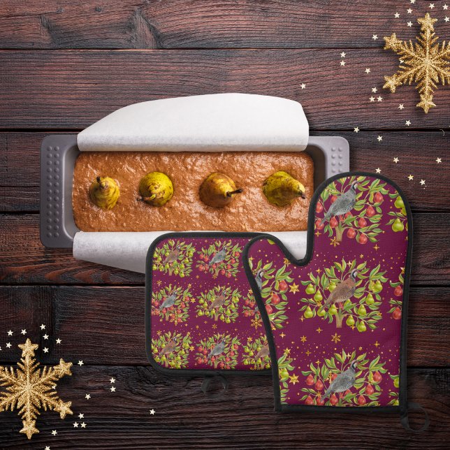 Partridges, pear trees, and snowflakes burgundy oven mitt & pot holder set (Creator Uploaded)