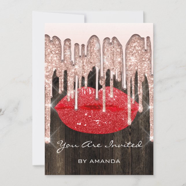 Party 16th Kiss Lips Rose Glitter Wood. Red Invitation (Front)