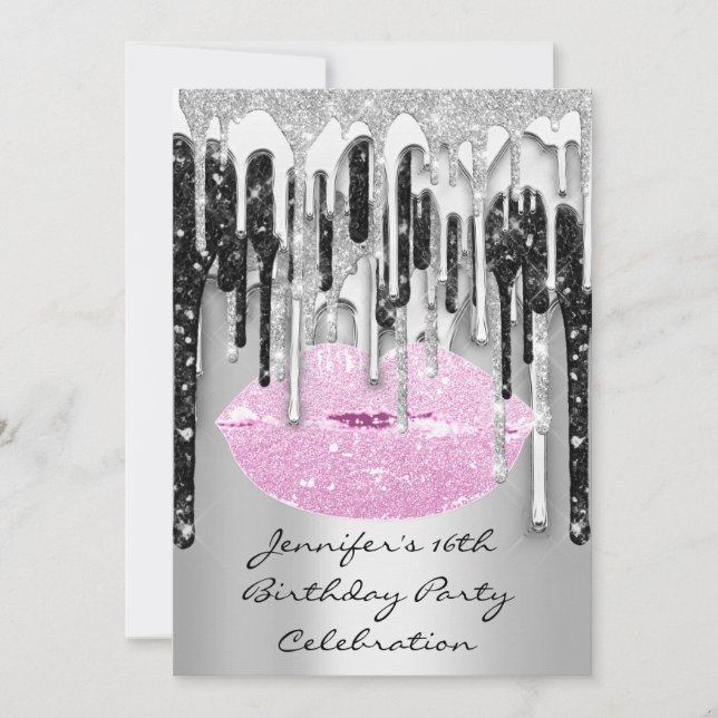 Party 16th Lips Kiss Black Pink Glitter Drips Invitation (Front)