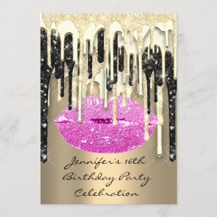 Party 16th Lips Kiss Black Pink Glitter Drips Invitation