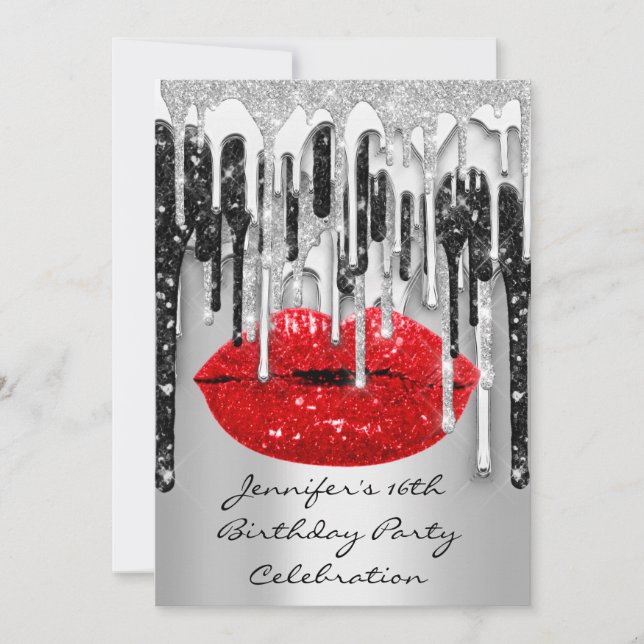 Party 16th Lips Kiss Black Red Glitter Drips  Invitation (Front)