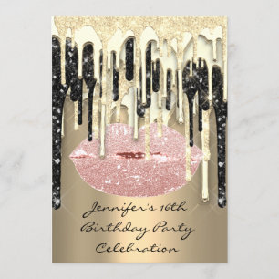 Party 16th Lips Kiss Black Rose Glitter Drips Invitation