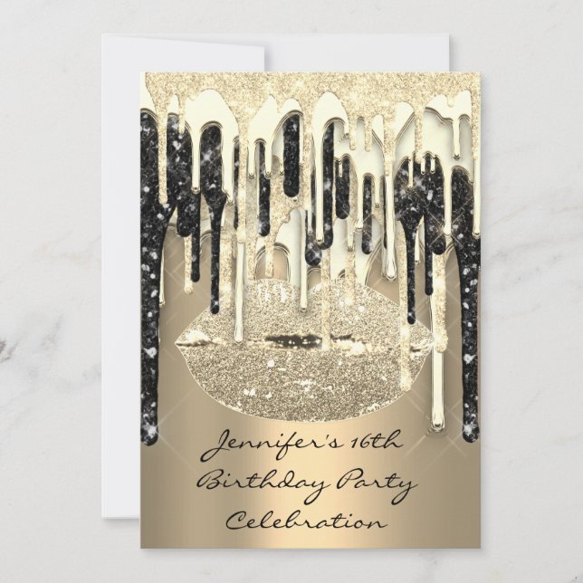 Party 16th Lips Kiss Black Silver Glitter Drips  Invitation (Front)