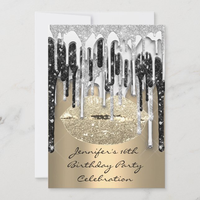 Party 16th Lips Kiss Gold Silver Glitter Drips Invitation (Front)