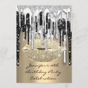 Party 16th Lips Kiss Gold Silver Glitter Drips Invitation