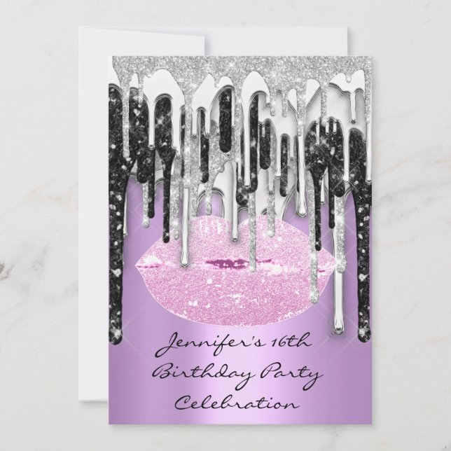 Party 16th Lips Kiss Purple Pink Glitter Drips   Invitation (Front)
