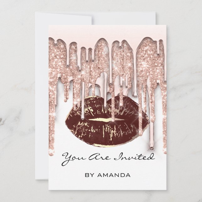 Party 16th Red Kiss Lips Rose Glitter White Brown Invitation (Front)