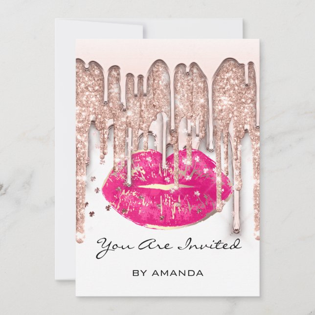 Party 16th Red Kiss Lips Rose Glitter White Pink Invitation (Front)