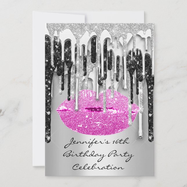 Party 16th Red Lips Kiss Black Pink Glitter Drip Invitation (Front)