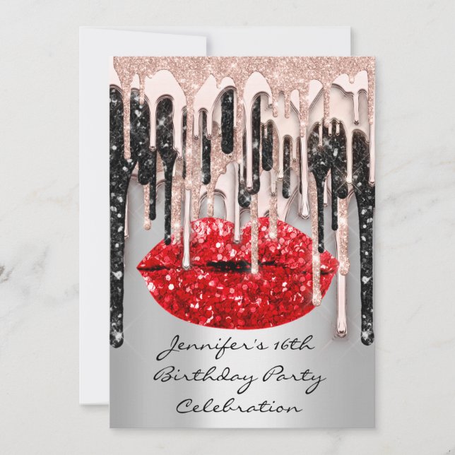 Party 16th Red Lips Kiss Rose Glitter Drips Glam Invitation (Front)