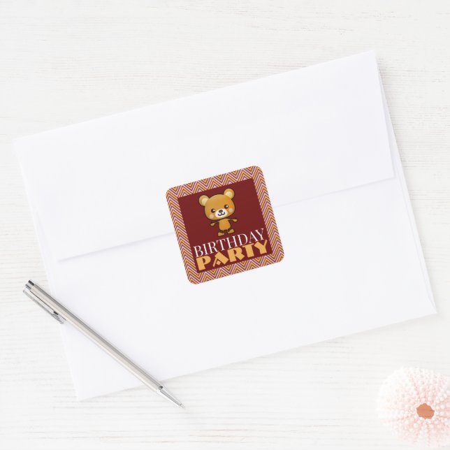 Party Animal Bear, Chevron Birthday Party Square Sticker (Envelope)