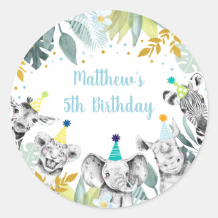Party Animal Blue Gold Safari Birthday Classic Round Sticker