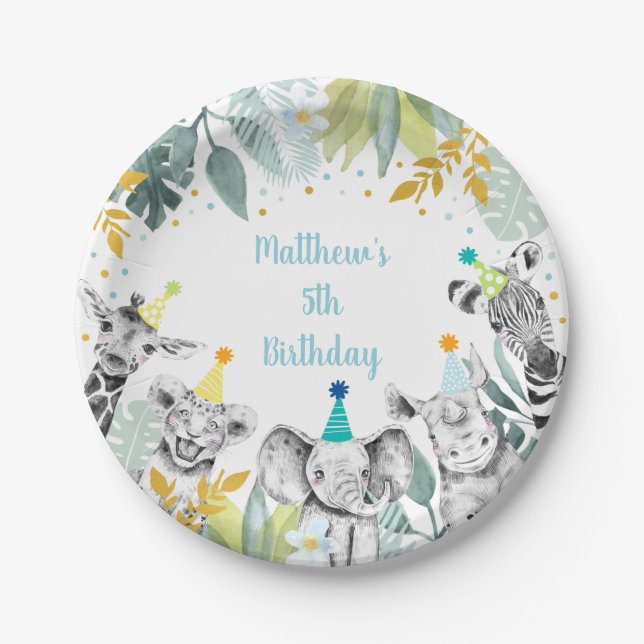 Party Animal Blue Gold Safari Birthday Paper Plate (Front)