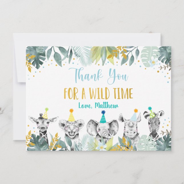 Party Animal Blue Gold Safari Birthday Thank You (Front)