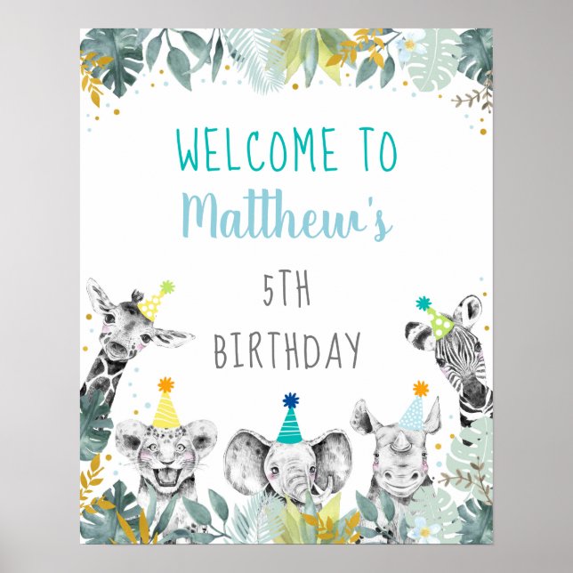 Party Animal Blue Gold Safari Birthday Welcome Poster (Front)