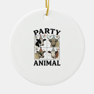 Party Animal Cow Vintage Engraving T-Shirt Design_ Ceramic Tree Decoration