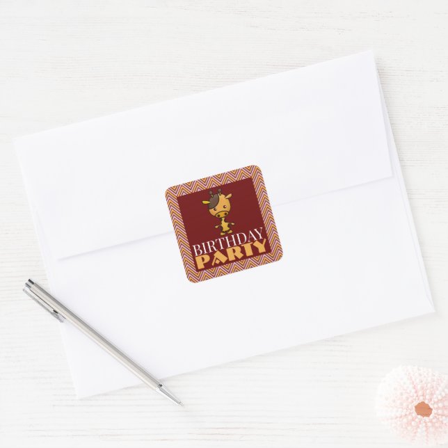 Party Animal Giraffe, Chevron Birthday Party Square Sticker (Envelope)