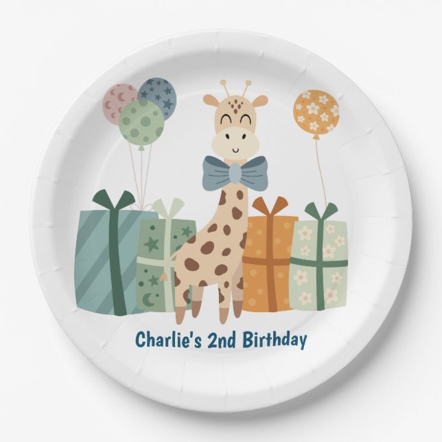 party animal, Giraffe with gifts and balloon Paper Plate (Front)