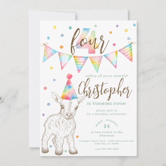 Party Animal Goat 4th Birthday Invitation for Kids (Front)