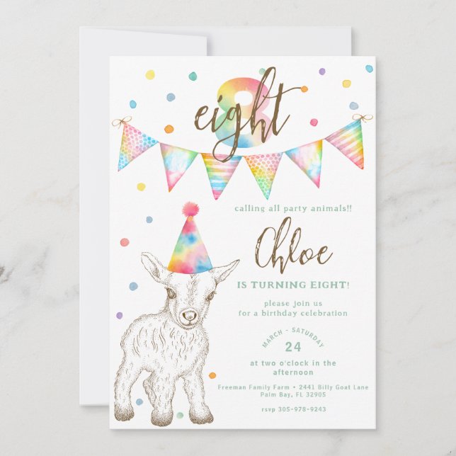 Party Animal Goat 8th Birthday Invite for Kids (Front)