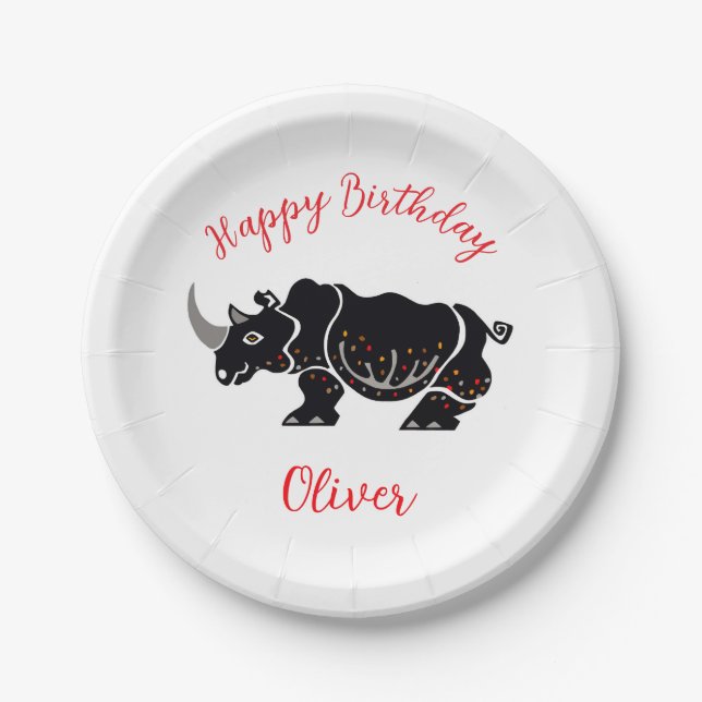 Party animal - Graphic  RHINOCEROS -Happy Birthday Paper Plate (Front)