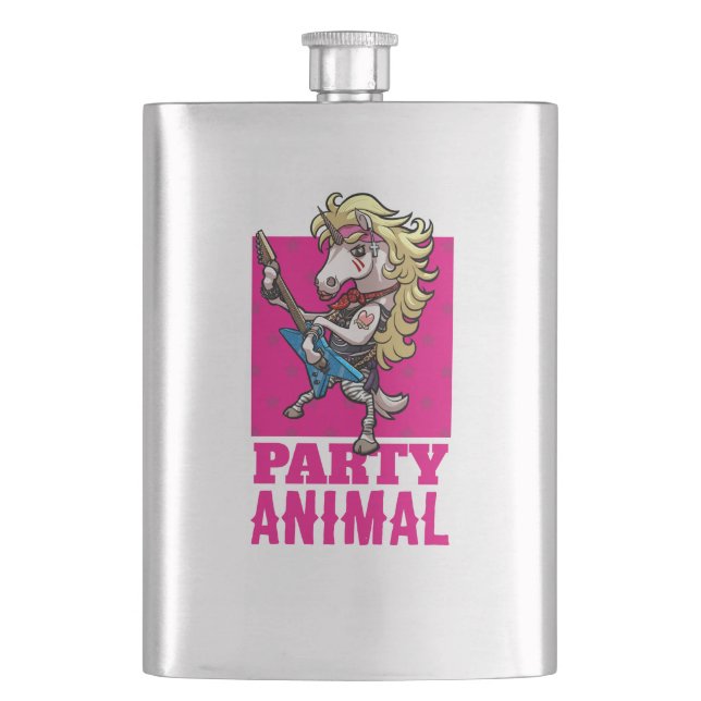 Party Animal Hair Metal Glam Rock Unicorn Cartoon Hip Flask (Front)