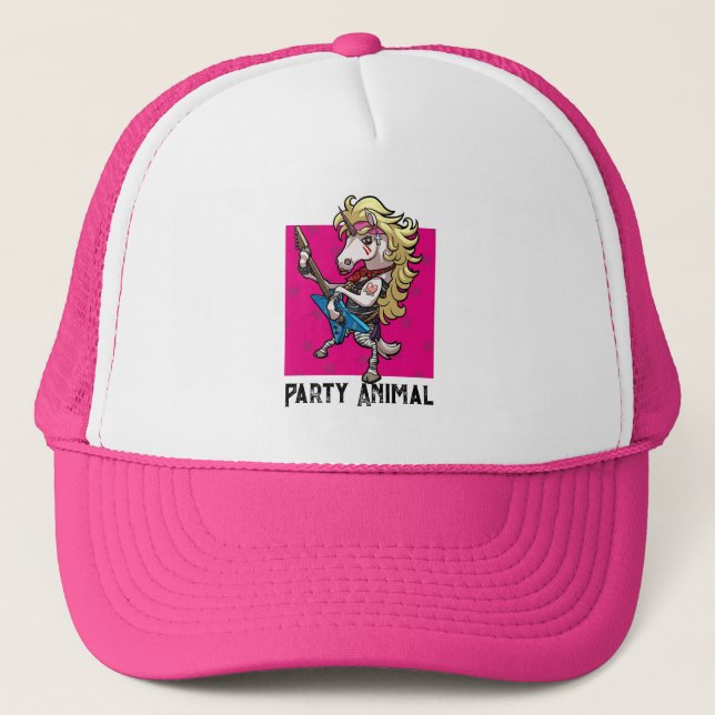 Party Animal Hair Metal Glam Rock Unicorn Cartoon  Trucker Hat (Front)