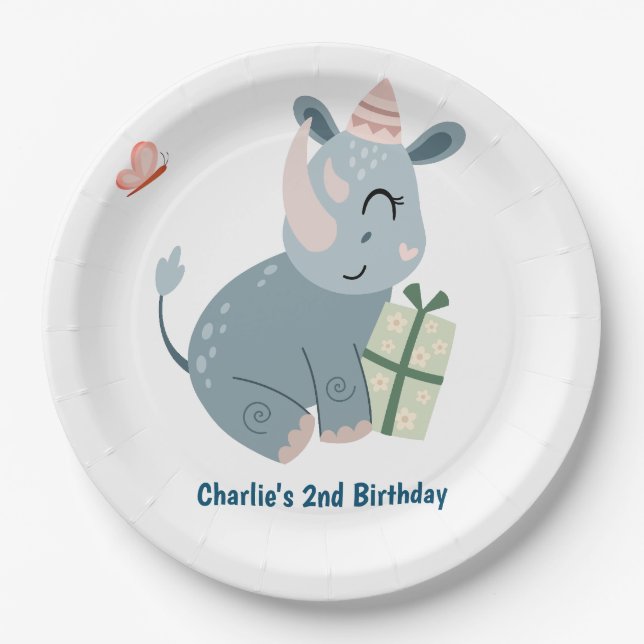 party animal, happy rhino with gift paper plate (Front)