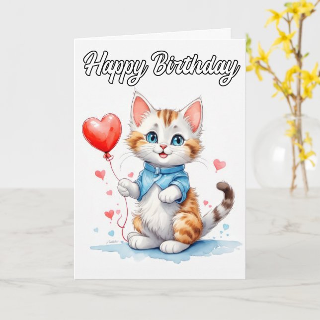 Party Animal Kitty Cat Happy Birthday Card (Yellow Flower)