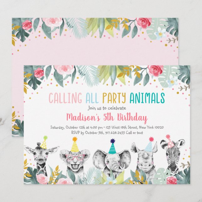 Party Animal Pink Gold Safari Birthday Invitation (Front/Back)