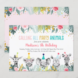 Party Animal Pink Gold Safari Birthday Invitation