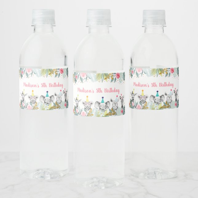 Party Animal Pink Gold Safari Birthday Water Bottle Label (Bottles)