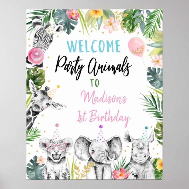 Party Animal Pink Gold Tropical Birthday Welcome Poster (Front)